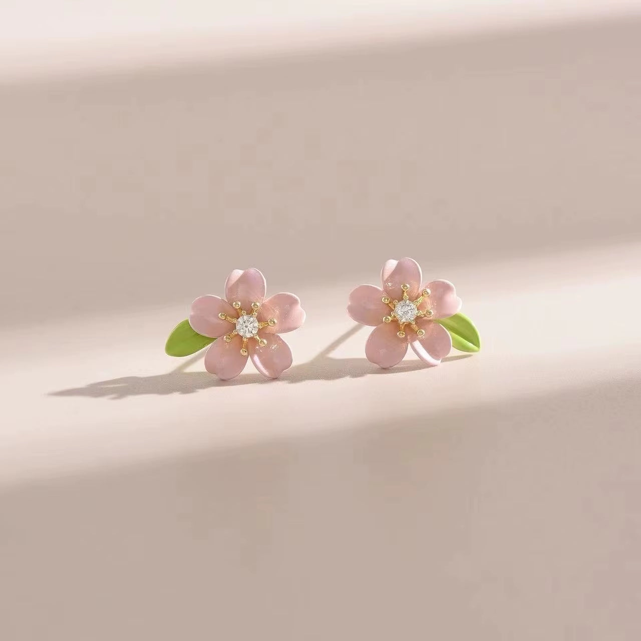 Fashion Pink Summer Cherry Blossoms Pearl Green Leaf Bead Jewelry Women'S Party Pendant Necklace