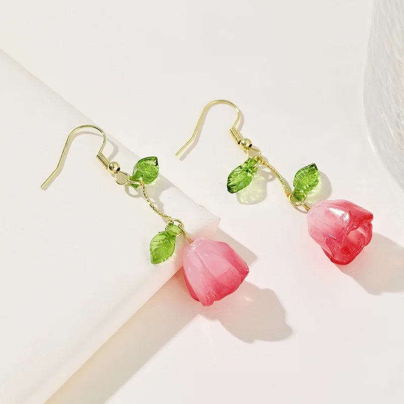 Romantic Elegant Cherry Blossoms Flower Earrings for Women Pink Petals Sakura Long Tassel Drop Earring Dangle Earrings Pendiente