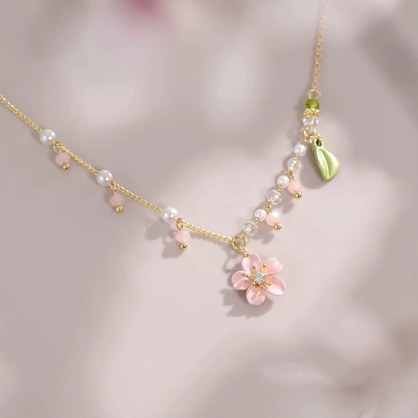 Fashion Pink Summer Cherry Blossoms Pearl Green Leaf Bead Jewelry Women'S Party Pendant Necklace