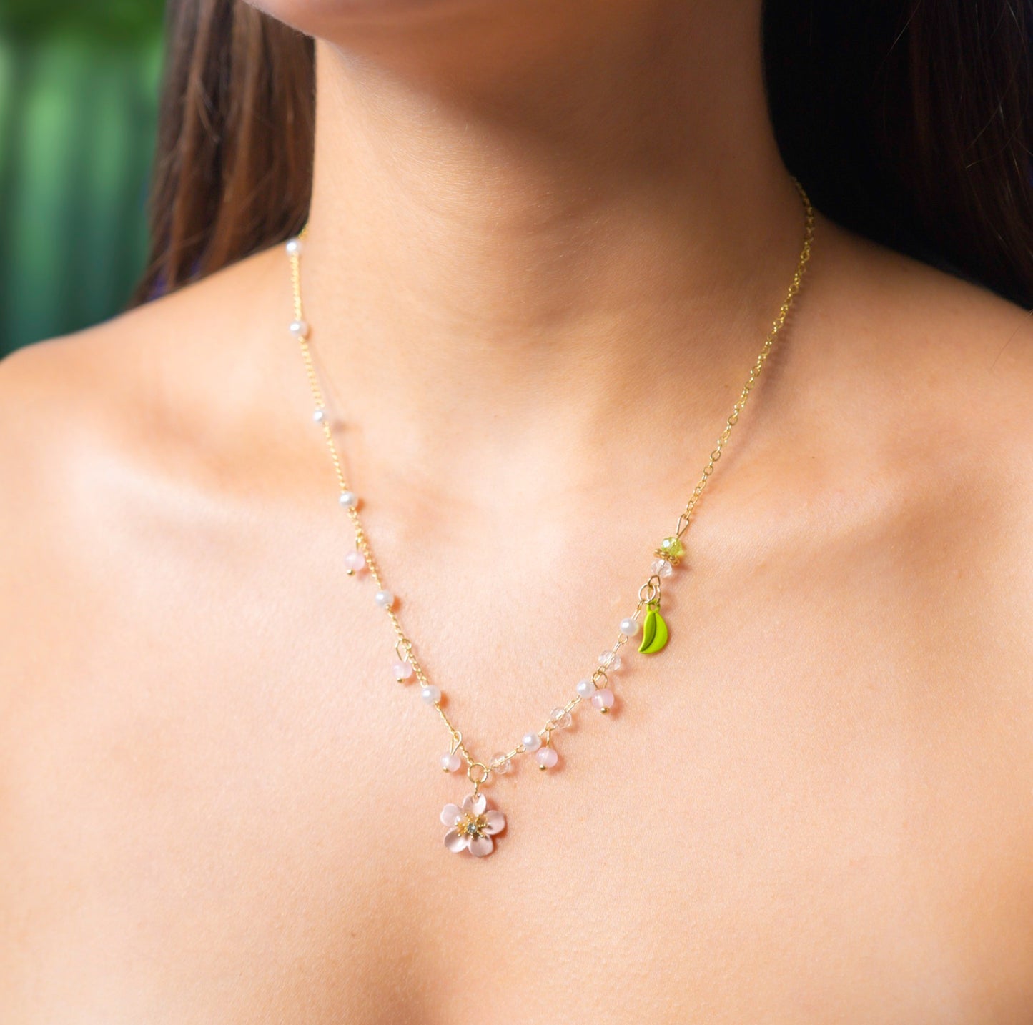 Fashion Pink Summer Cherry Blossoms Pearl Green Leaf Bead Jewelry Women'S Party Pendant Necklace