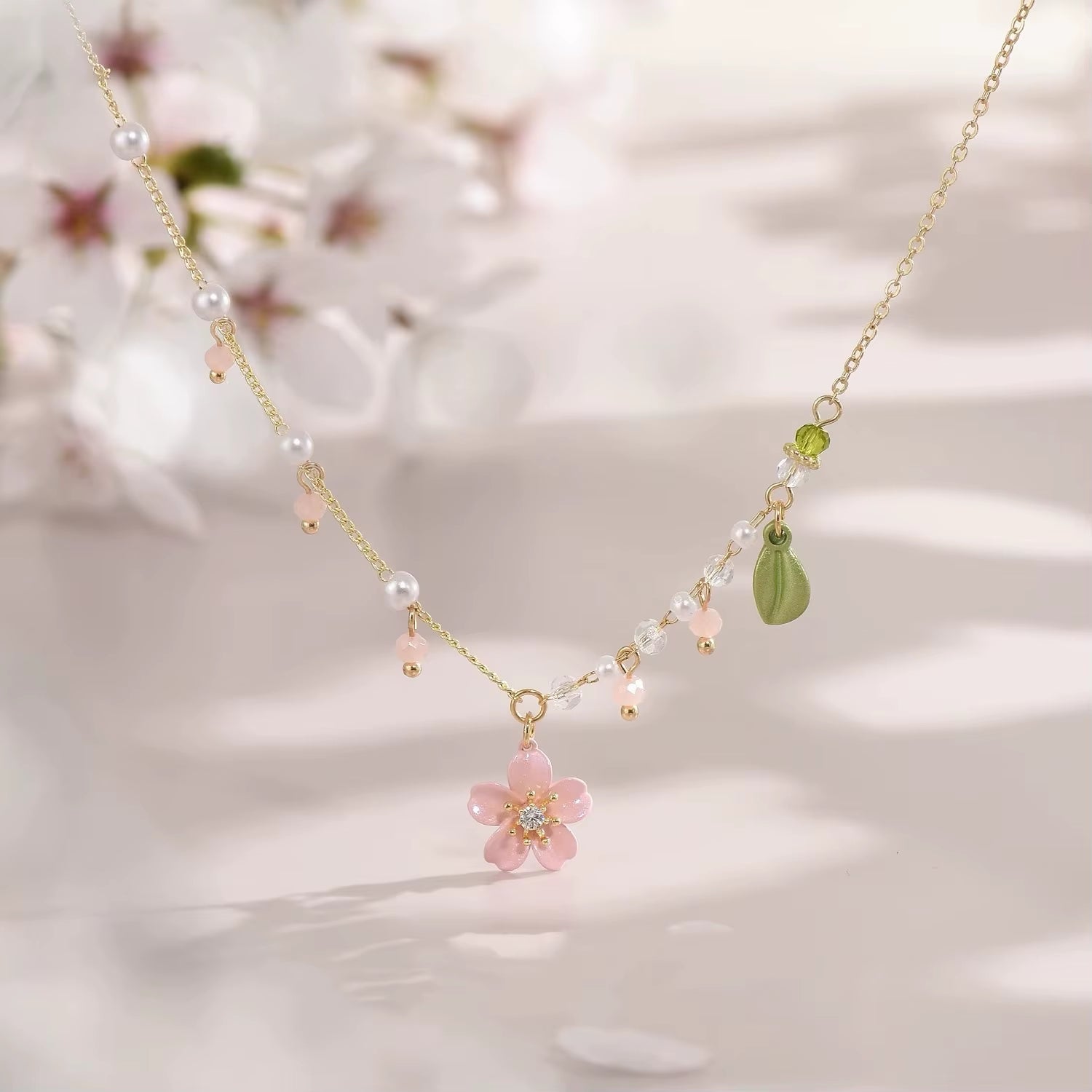Fashion Pink Summer Cherry Blossoms Pearl Green Leaf Bead Jewelry Women'S Party Pendant Necklace