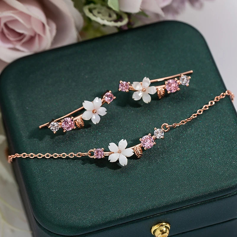 New Arrival Shell Flower Necklace Earrings Jewelry Sets for Women Zircon Stud Earrings Leaf Chokers Bridal Wedding Jewelry