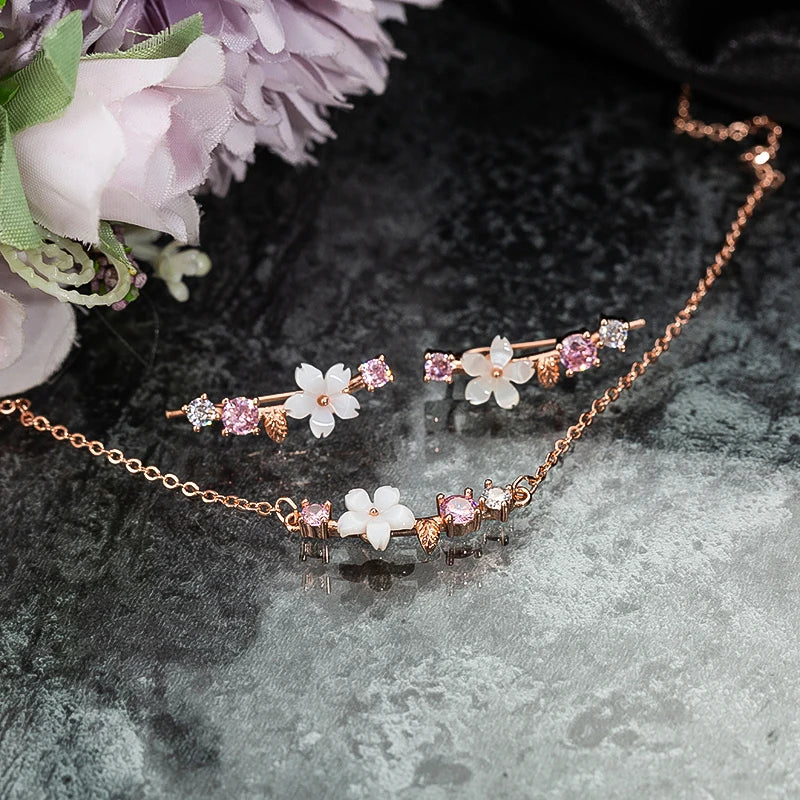 New Arrival Shell Flower Necklace Earrings Jewelry Sets for Women Zircon Stud Earrings Leaf Chokers Bridal Wedding Jewelry