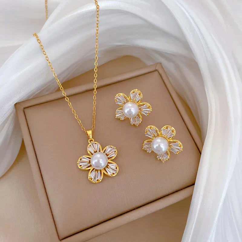 316L Stainless Steel Steell Zircon Five Leaf Flowers Pearl Pendant Necklace Earrings Set New Trend Elegant Jewelry Gift